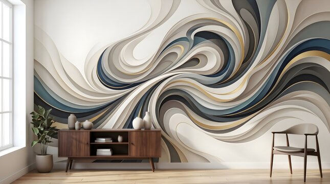 An elegant, swirl-patterned abstract wall mural fills this bright, modern living room, blending layers of neutral colors with blue and gold accents. A mid-century-style console and plants are featured
