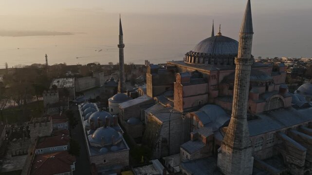 Drone view of Hagia Sophia in Istanbul, Turkey. The iconic monument showcases centuries of Byzantine and Ottoman architectural heritage.