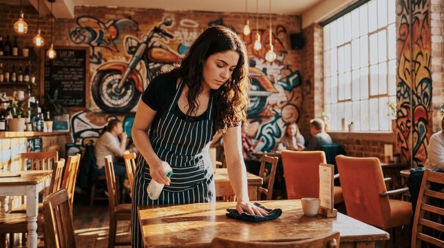 Female server wiping wooden table with cloth in vibrant graffiti-covered cafe