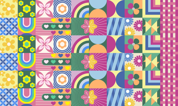 Vector Illustrator Retro Grid Motion Graphic with Changing Flowers and Hearts, Vibrant Pastel Patchwork. Cute Colorful Geometric Quilt Floral Kawaii Backdrop