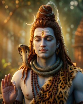 Lord Shiva Meditation Near Ancient Temple &ndash; Golden Spiritual Artwork