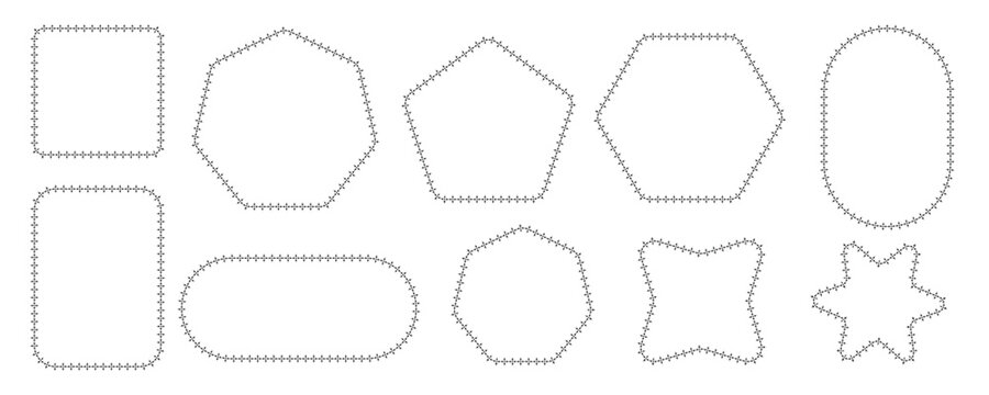 Dotted outline geometric frame collection with polygon oval square and star label shapes for sticker planner printable clipart design set bundle