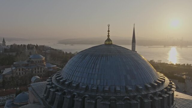 Drone view of Hagia Sophia in Istanbul, Turkey. The iconic monument showcases centuries of Byzantine and Ottoman architectural heritage.