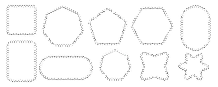 Cross stitch dotted border frame set with geometric square, oval, polygon, star, and rounded shapes for label sticker planner printable clipart template