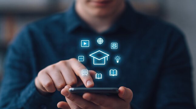Education and digital learning on a smartphone with virtual online knowledge icons