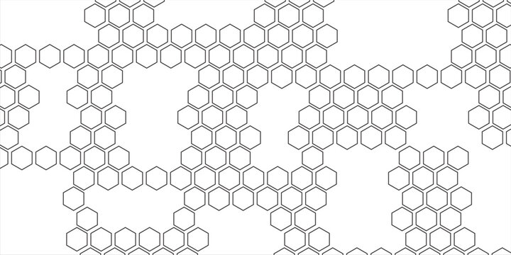 Seamless geometric honeycomb pattern background. Abstract line art vector illustration of a black and white hexagonal grid structure with missing pieces.