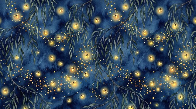 Glowing yellow fireflies, night sky, blue background, firefly pattern, dark nature scene