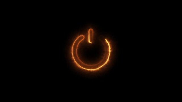 Glowing Orange Power Button Icon on Black Background, Neon Energy Switch Technology Symbol Light