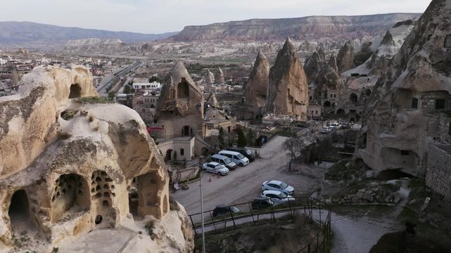 Drone view of G&ouml;reme, a historic town in Cappadocia famous for its fairy chimneys, cave houses and unique volcanic landscape.