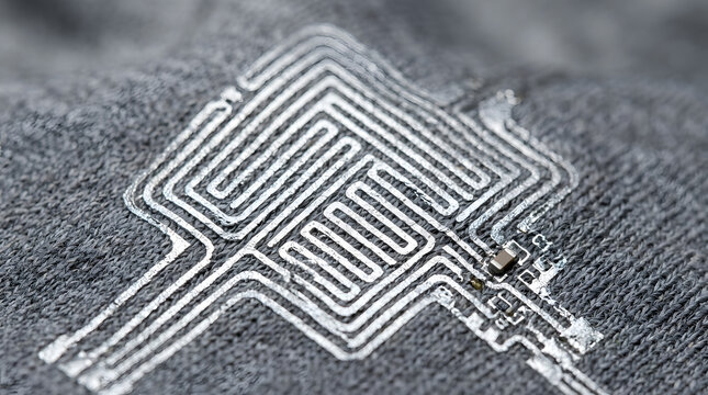 Flexible electronics on textile macro view |Smart fabric sensor for wearable technology| Conductive silver ink circuit on knitted garment |Future of e-textiles and bio-monitoring sensors