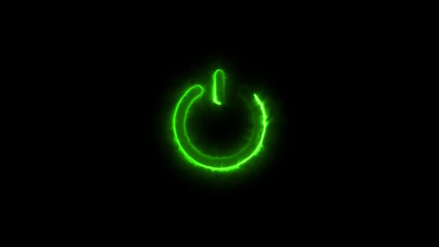  Glowing Green Power Button Icon on Black Background, Neon Energy Technology Switch Symbol Light