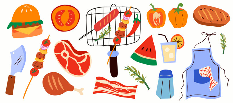 Hand drawn BBQ barbecue party element set vector illustration isolated on white. Cute flat cartoon summer picnic food clipart including burger, steak, sausage skewer, bacon, apron and cooking tools.
