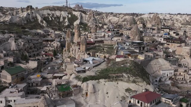Drone view of G&ouml;reme, a historic town in Cappadocia famous for its fairy chimneys, cave houses and unique volcanic landscape.