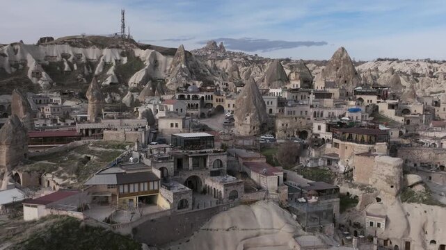 Drone view of G&ouml;reme, a historic town in Cappadocia famous for its fairy chimneys, cave houses and unique volcanic landscape.