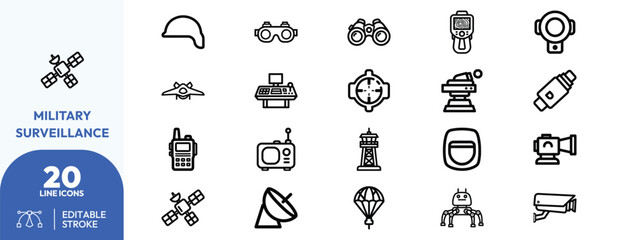 Naklejka premium Modern Military Surveillance Line Outline Clipart Collection.