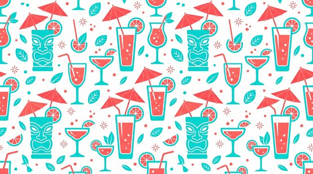Cocktail, drink, seamless pattern, tropical, summer, illustration, pink, turquoise, white