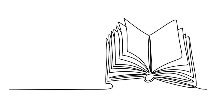 Open book drawn with a single continuous line, minimalist illustration of knowledge and learning