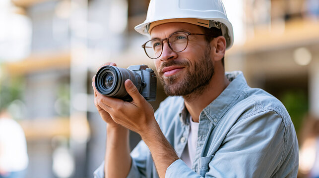 A real estate developer takes softly pictures of a calm house under construction in bright daylight construction photo open face bright outdoors daylight workspace soft