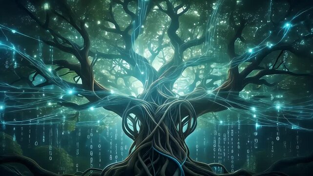 Luminous Tree of Life with Digital Neural Network Connections and Glowing Fiber Optic Branches in Dark Forest