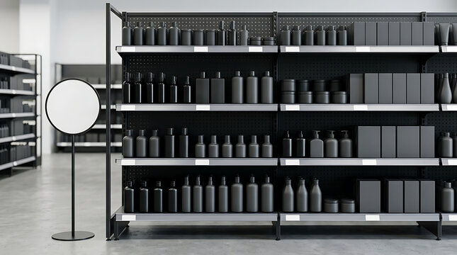 Black store shelves mockup with blank cosmetic packaging bottles and round sign