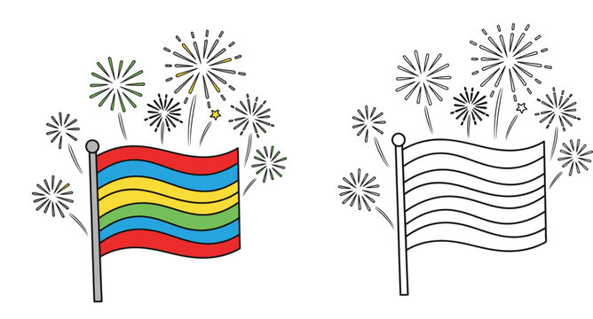 Wavy colorful flag with fireworks celebration vector illustration alongside a black and white outline version for children's coloring book