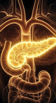 Anatomical 3D Illustration of Human Pancreas and Digestive System.