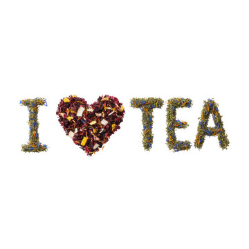 Macro flat lay of 'I ❤️ TEA' formed from olive-green tea, vivid petals, crimson hibiscus, citrus, dried fruit on white background, concept of culinary elegance