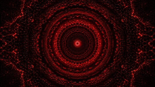 Red symmetrical kaleidoscope pattern with intricate glowing details and textures. High quality background asset for graphic design, spiritual themes, and artistic wallpaper projects.