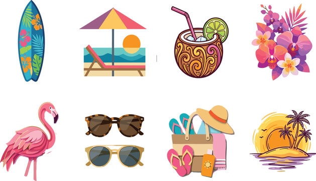 Summer Vacation Travel Icons Collection with Beach Accessories Tropical Flowers Surfboard Flamingo and Coastal ElementsSummer Vacation Travel Icons 