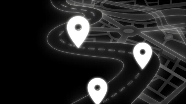 Stylized neon map with glowing route and three white location pins animation