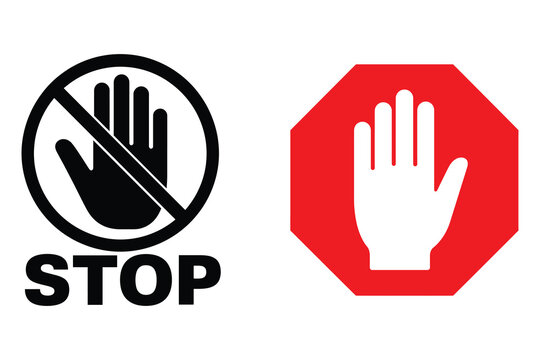 Stop hand sign and octagonal road stop sign with prohibition octagonal forbidden restriction compliance regulations illustration isolated information emergency