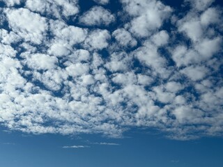 Beautiful fluffy clouds scattered across clear blue sky creating a serene and peaceful background © dvoevnore