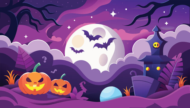 Spooky halloween background with full moon bats and jack o lantern pumpkins
