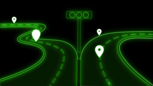 Glowing forked highway with location pins animation