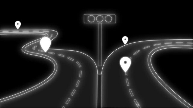 Glowing forked highway with location pins animation
