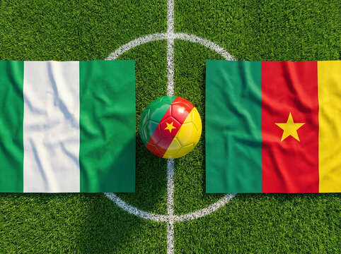 Nigeria and Cameroon flags with soccer ball on green field