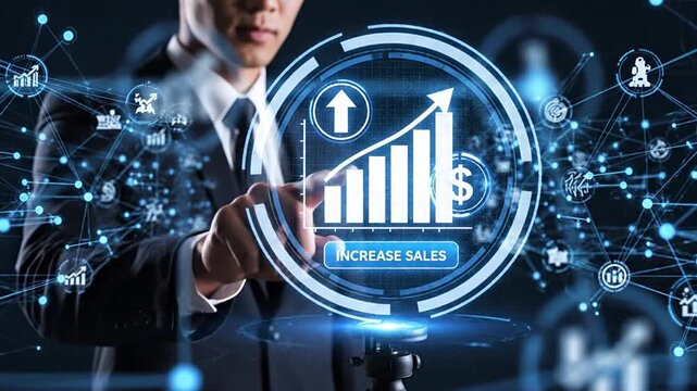 Professional businessman leveraging a futuristic digital interface with AI analytics for sales growth, revenue generation, and strategic business development.