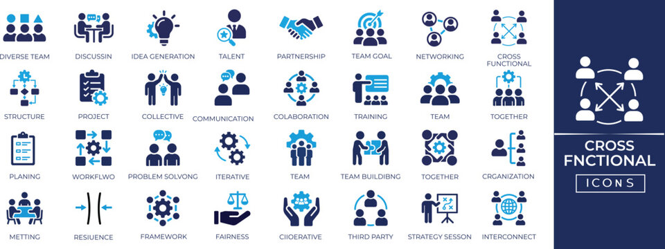 Cross functional teamwork icon set: cooperation, synergy, training, project, decision, group, and management solid vector icons for business collaboration.