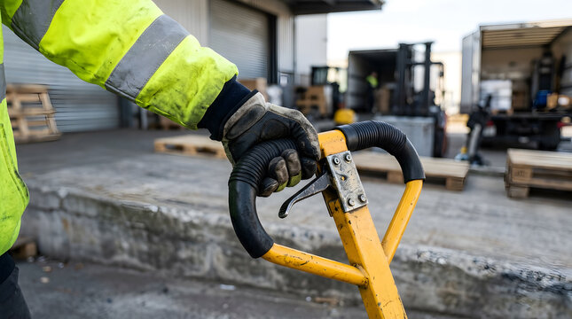 Warehouse worker hand gripping pallet jack handle | Close up of industrial manual pallet truck operation | Logistics professional wearing safety gear in shipping yard | Manual labor handling equipment