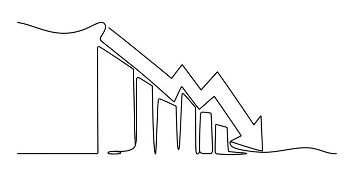 Simple line drawing of a downward trending graph with an arrow showing decrease and decline in business or economy