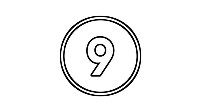 Number 9 animation motion graphics sign symbol in circle on white background video element