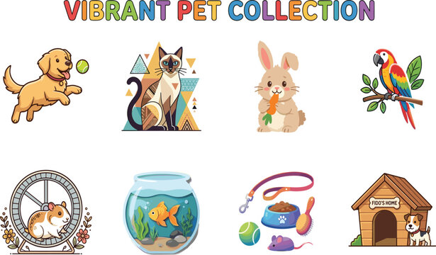 Vibrant Pet Collection Vector Set Featuring Dog Cat Rabbit Parrot Fish Hamster and Pet Care Pet Collection Vector Set Featuring 