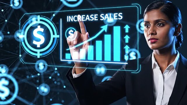 Businesswoman analyzing sales growth on a futuristic holographic interface, showcasing data-driven strategies for increased revenue, profit maximization, and digital transformation in a modern...
