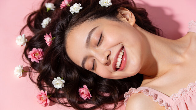 Smiling woman lying on pink background with flowers on her hair. concept of happiness