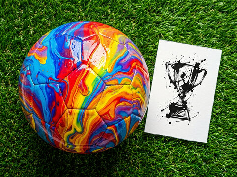 A colorful soccer ball and a white card with black paint splatter on green grass