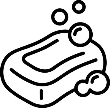 Hand drawn line art icon of a bar of soap with bubbles, clean hygiene concept