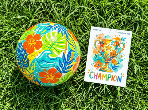 A vibrant sports ball and champion card on green grass