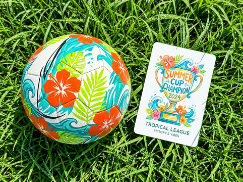 A colorful beach ball and summer sunglasses on green grass