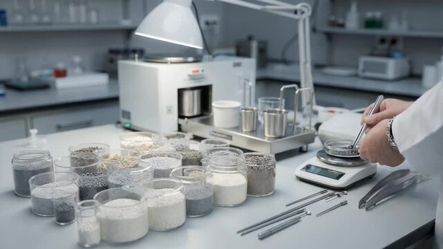 Medium shot capturing ash content testing in a quality control lab featuring closeup views of specialized devices and carefully documented sample containers on a welllit