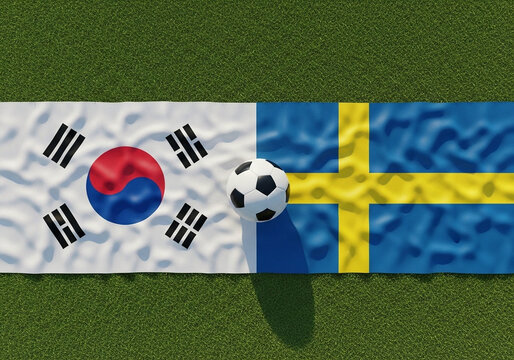 A soccer ball placed between the national flags of South Korea and Sweden on a green grass field background.